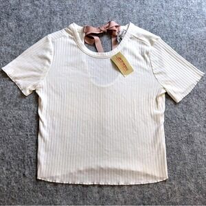 American Rag Cream Ribbed Knit Top Women's‎ M Back Bow Tie Short Sleeve Y2K Cute